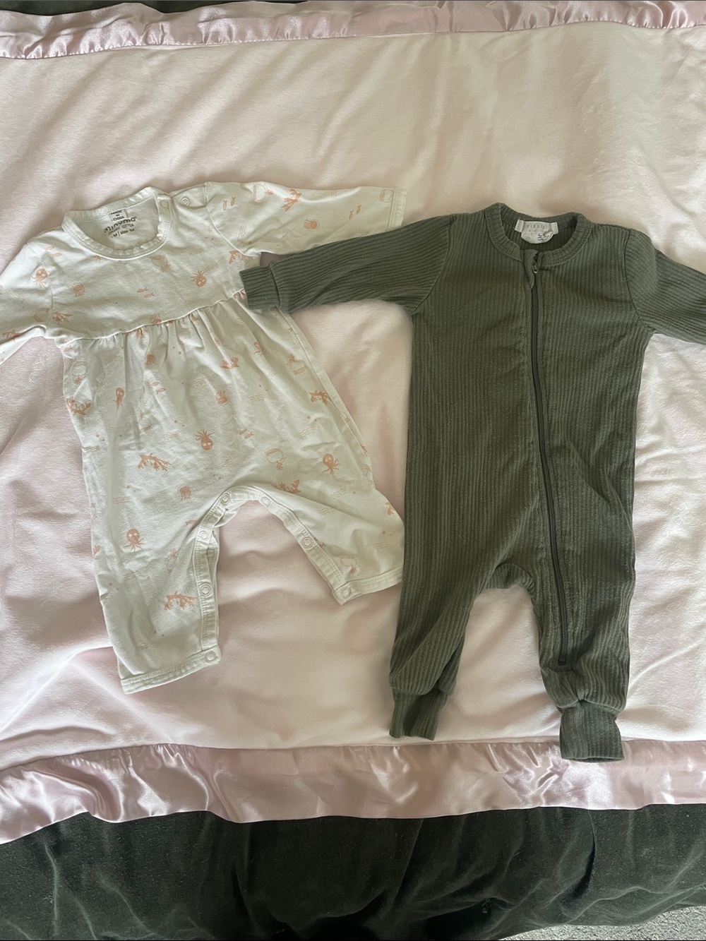 Petit Lem White Pink Floral & Olive Ribbed Footed One-Pieces